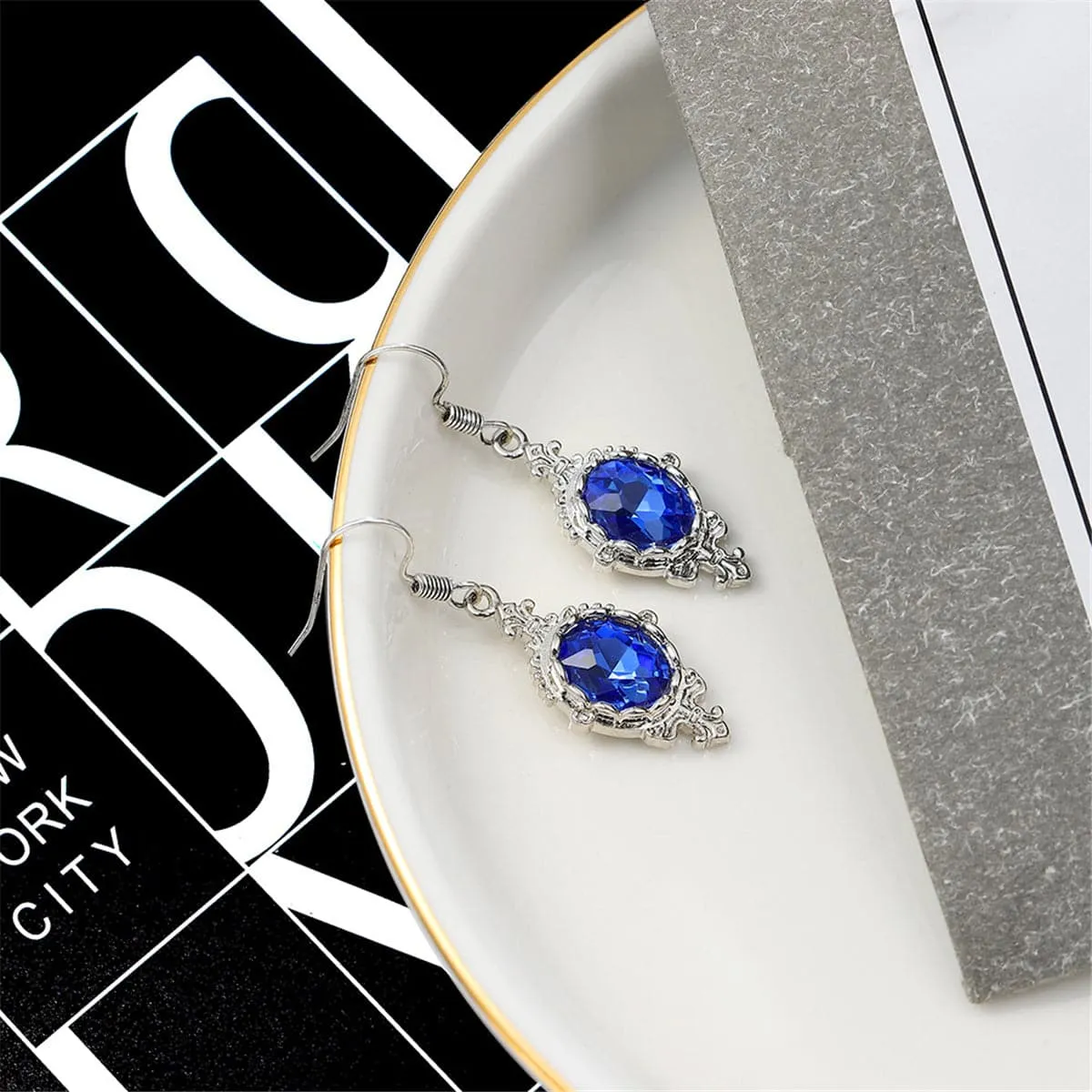 Blue Crystal & Silver-Plated Oval Engraved Drop Earrings