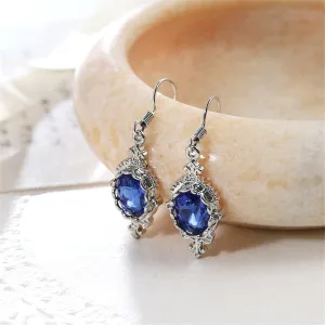 Blue Crystal & Silver-Plated Oval Engraved Drop Earrings