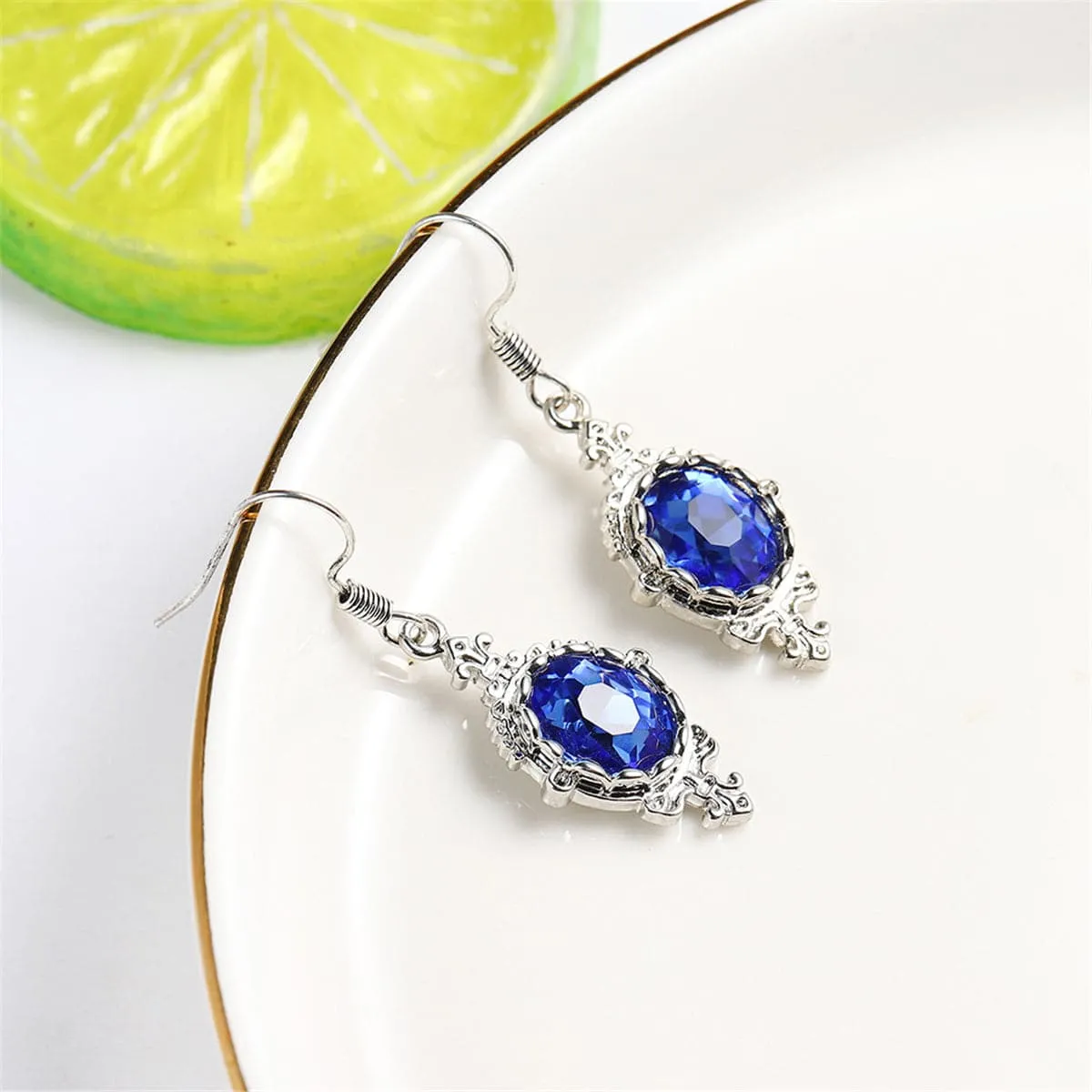 Blue Crystal & Silver-Plated Oval Engraved Drop Earrings