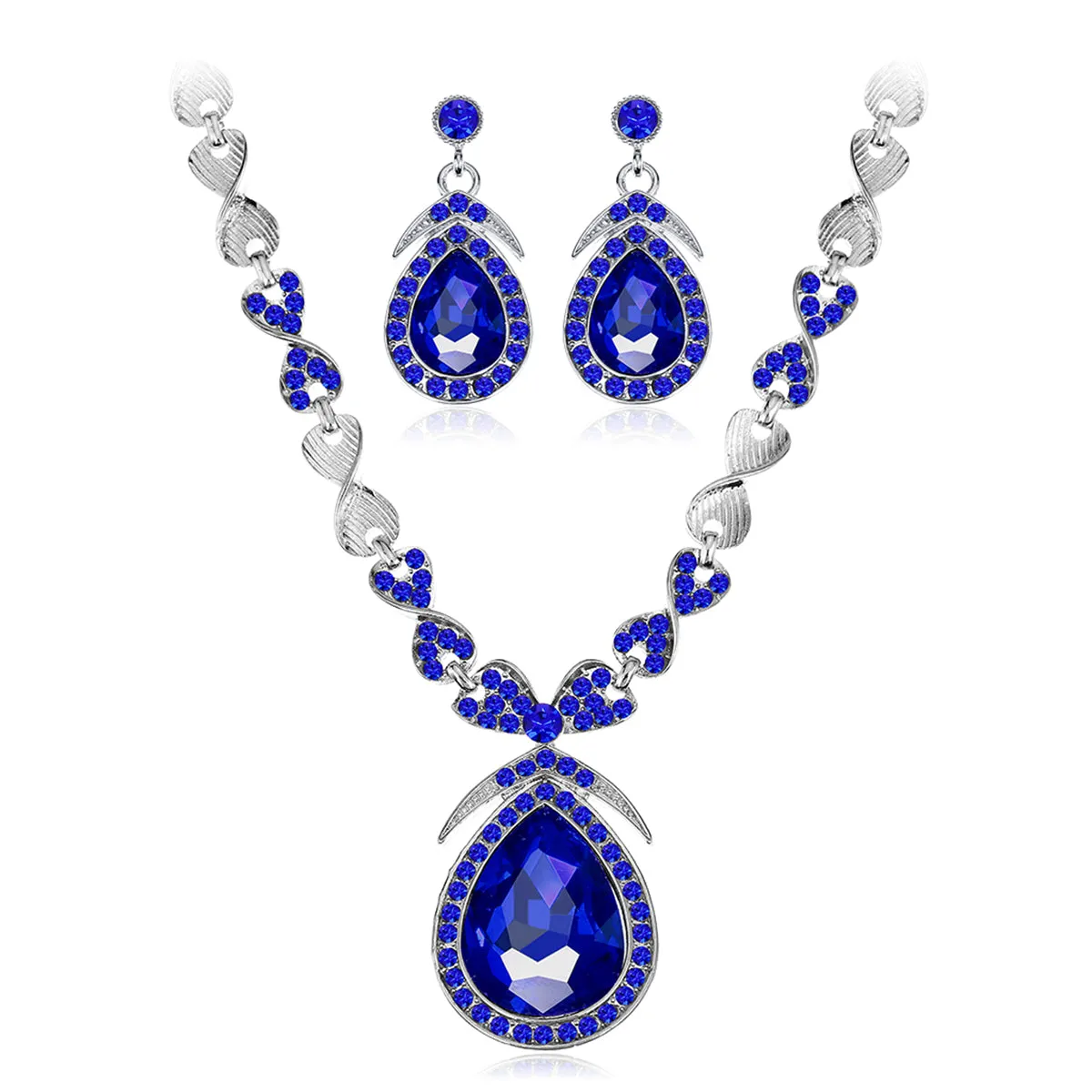 Blue Crystal & Silver-Plated Pendant Necklace & Drop Earrings