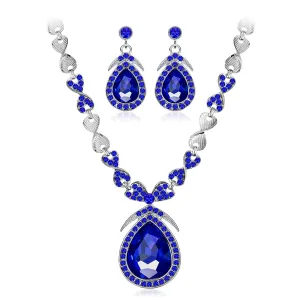 Blue Crystal & Silver-Plated Pendant Necklace & Drop Earrings