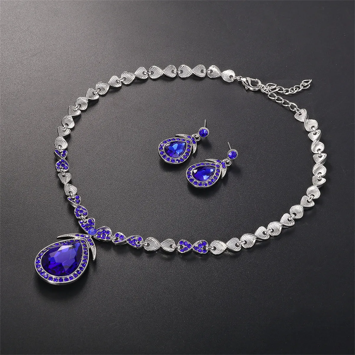 Blue Crystal & Silver-Plated Pendant Necklace & Drop Earrings