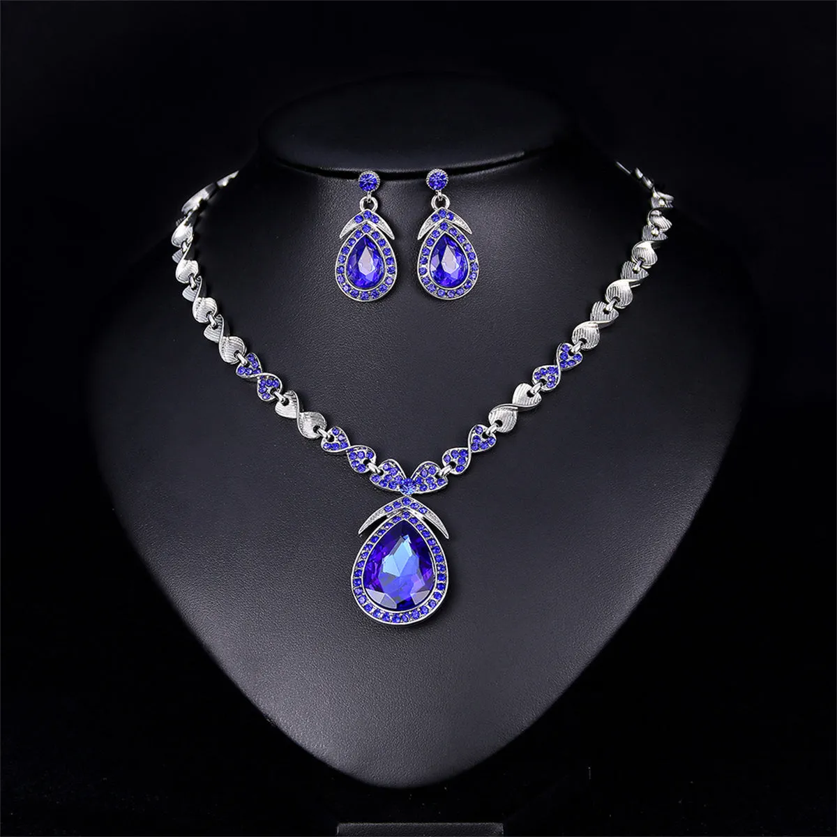 Blue Crystal & Silver-Plated Pendant Necklace & Drop Earrings