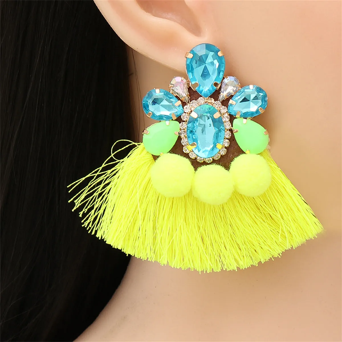 Blue Crystal & Yellow Polyster 18K Gold-Plated Tassel Earrings