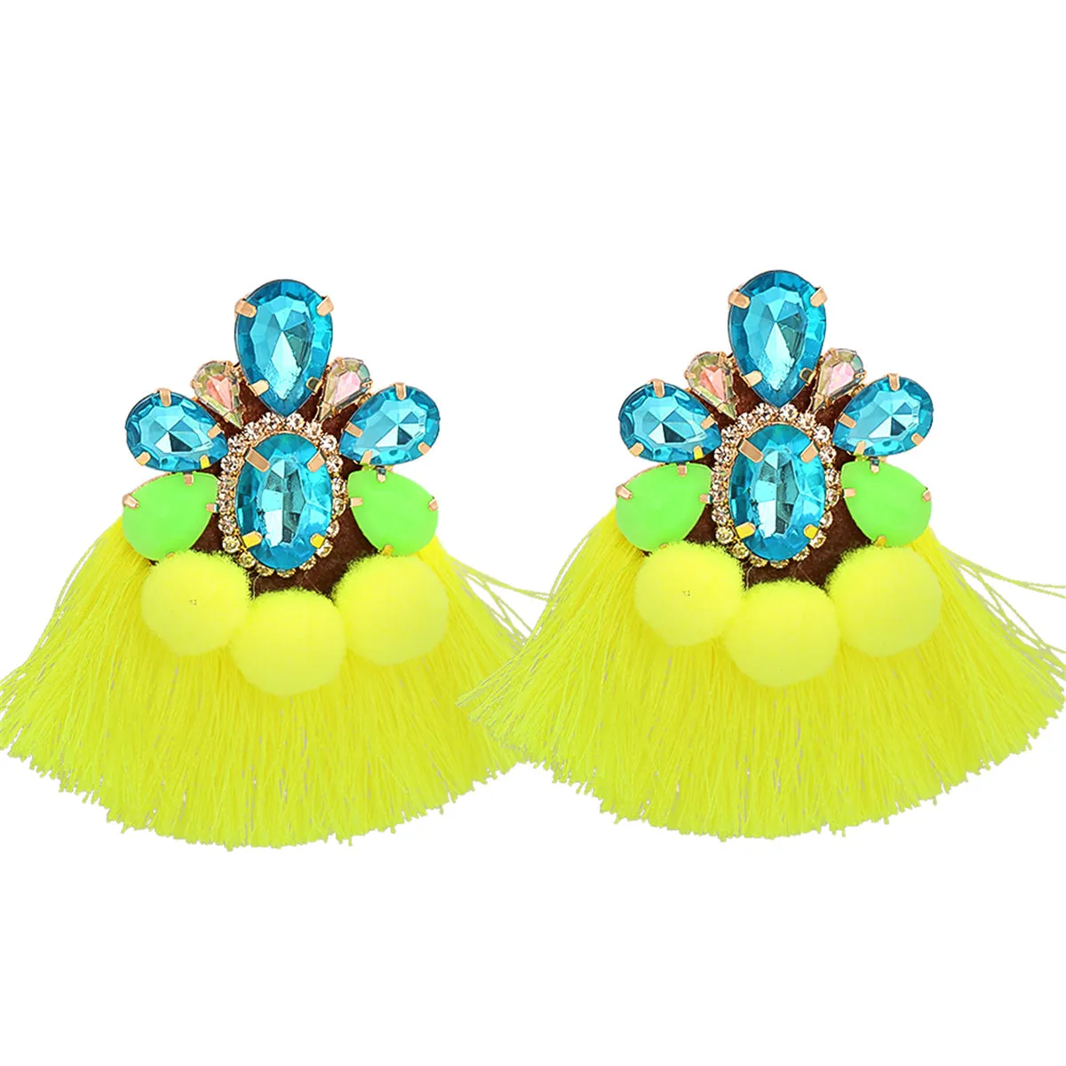 Blue Crystal & Yellow Polyster 18K Gold-Plated Tassel Earrings