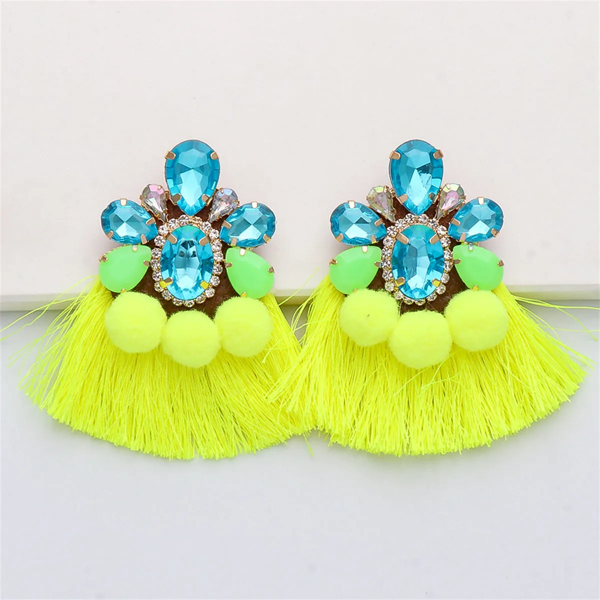 Blue Crystal & Yellow Polyster 18K Gold-Plated Tassel Earrings