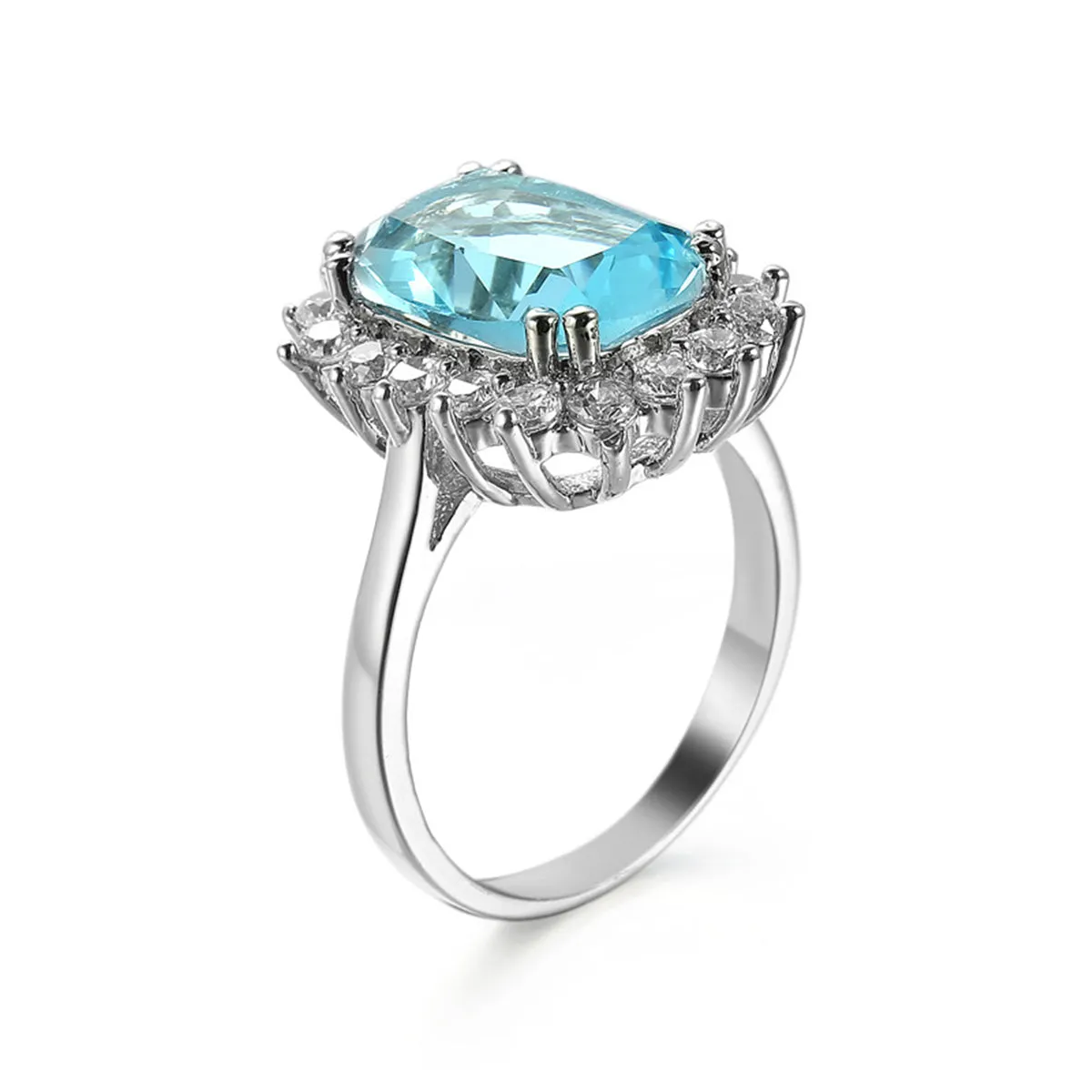 Blue Crystal Princess-Cut Floral Halo Ring