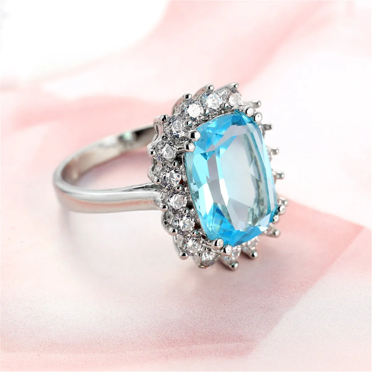 Blue Crystal Princess-Cut Floral Halo Ring