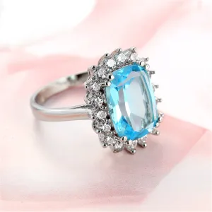 Blue Crystal Princess-Cut Floral Halo Ring