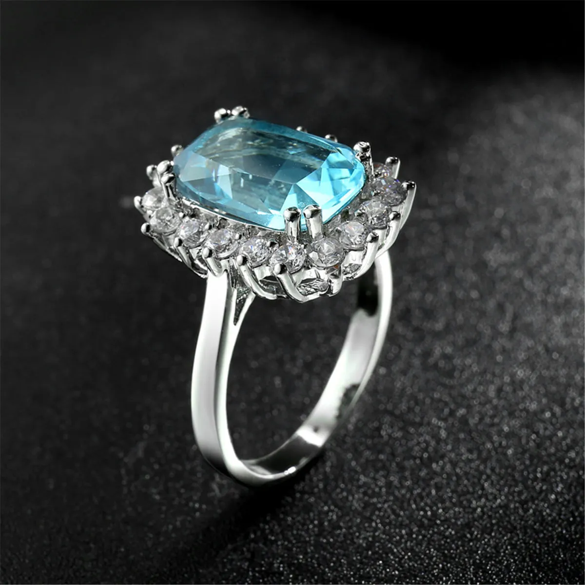 Blue Crystal Princess-Cut Floral Halo Ring