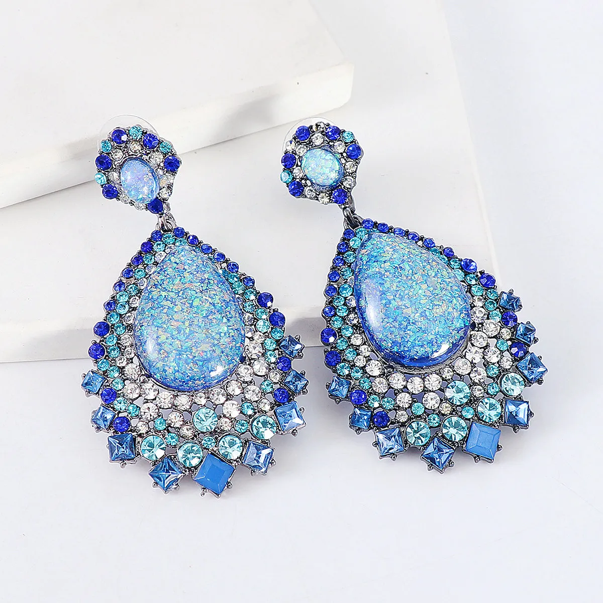 Blue Cubic Zirconia & Crystal Geometric Teardrop Earrings