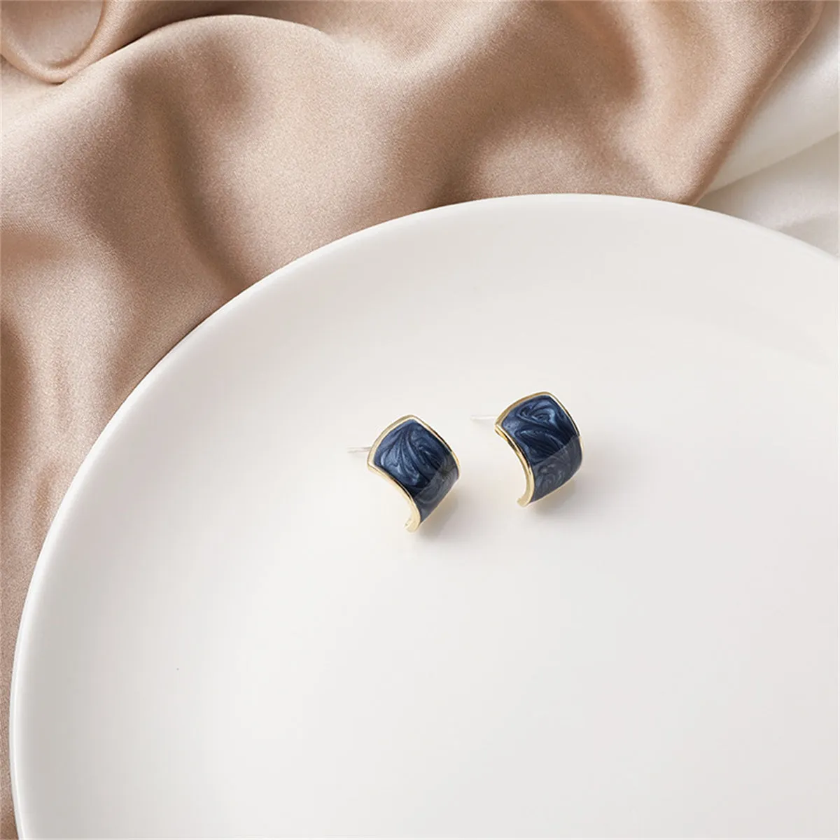 Blue Enamel & 18K Gold-Plated Curved Stud Earrings