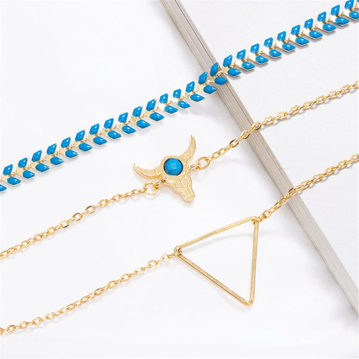 Blue Enamel & 18K Gold-Plated Long Horn Charm Bracelet Set