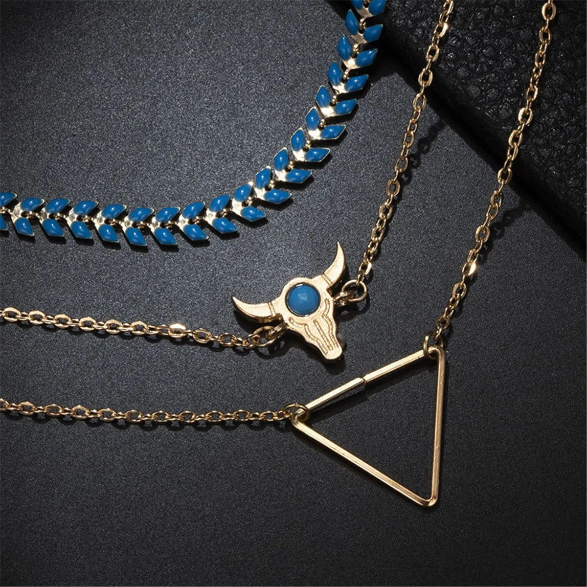 Blue Enamel & 18K Gold-Plated Long Horn Charm Bracelet Set