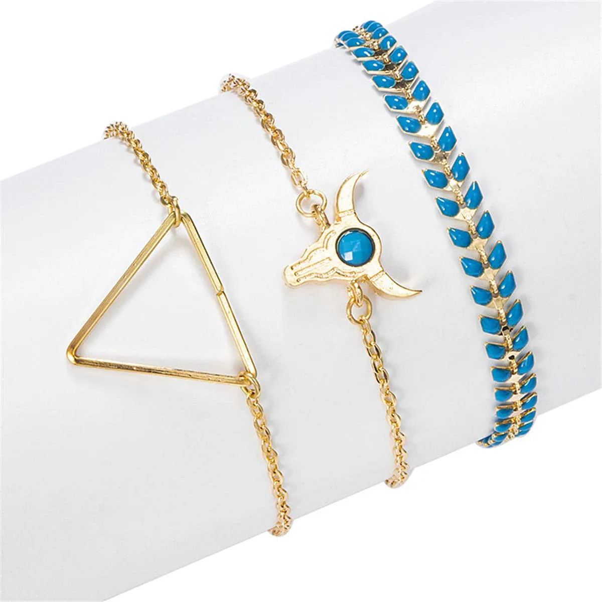 Blue Enamel & 18K Gold-Plated Long Horn Charm Bracelet Set
