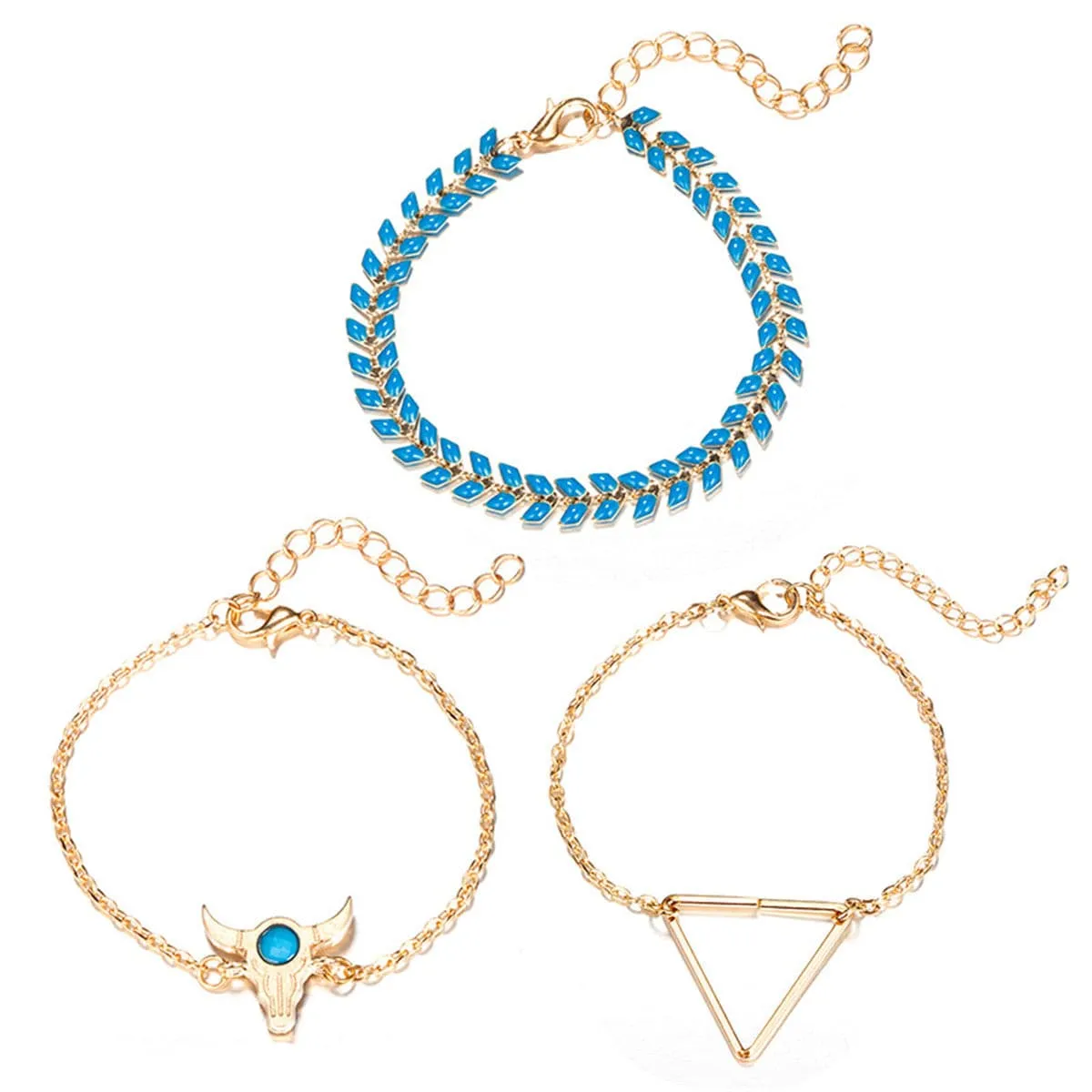 Blue Enamel & 18K Gold-Plated Long Horn Charm Bracelet Set