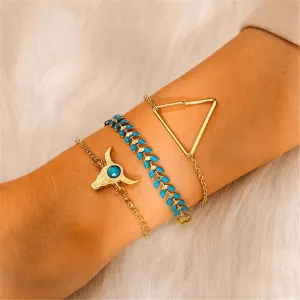 Blue Enamel & 18K Gold-Plated Long Horn Charm Bracelet Set