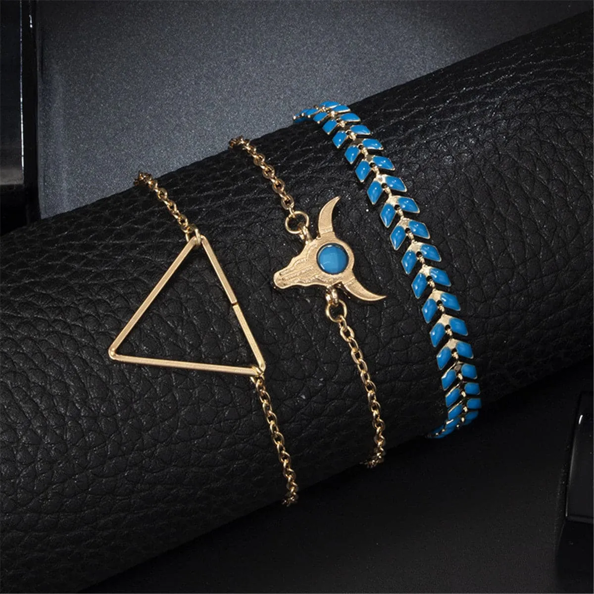 Blue Enamel & 18K Gold-Plated Long Horn Charm Bracelet Set
