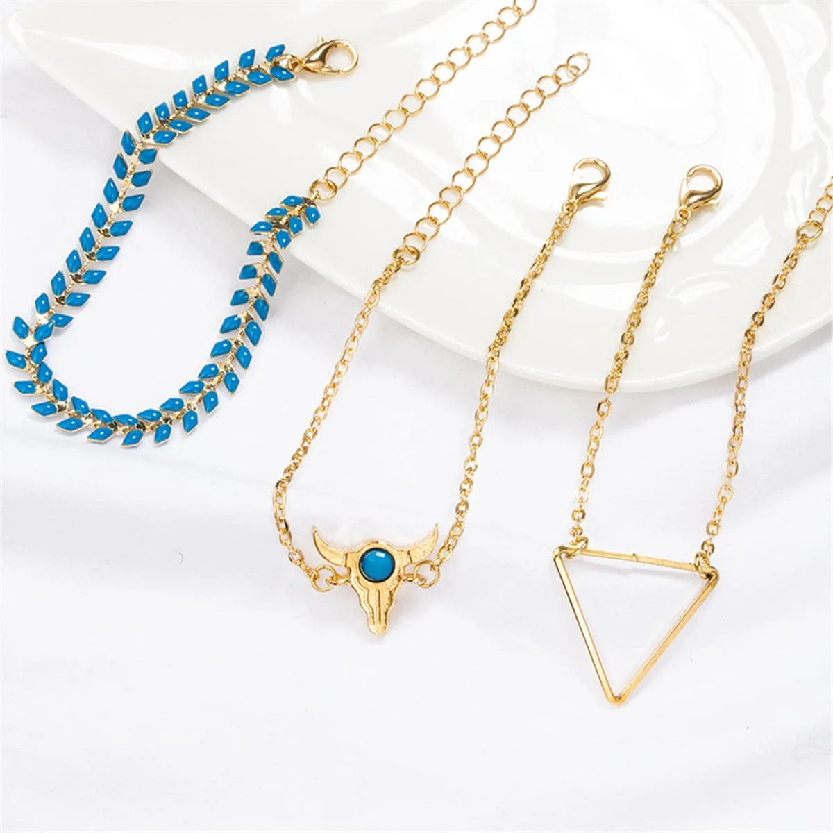 Blue Enamel & 18K Gold-Plated Long Horn Charm Bracelet Set