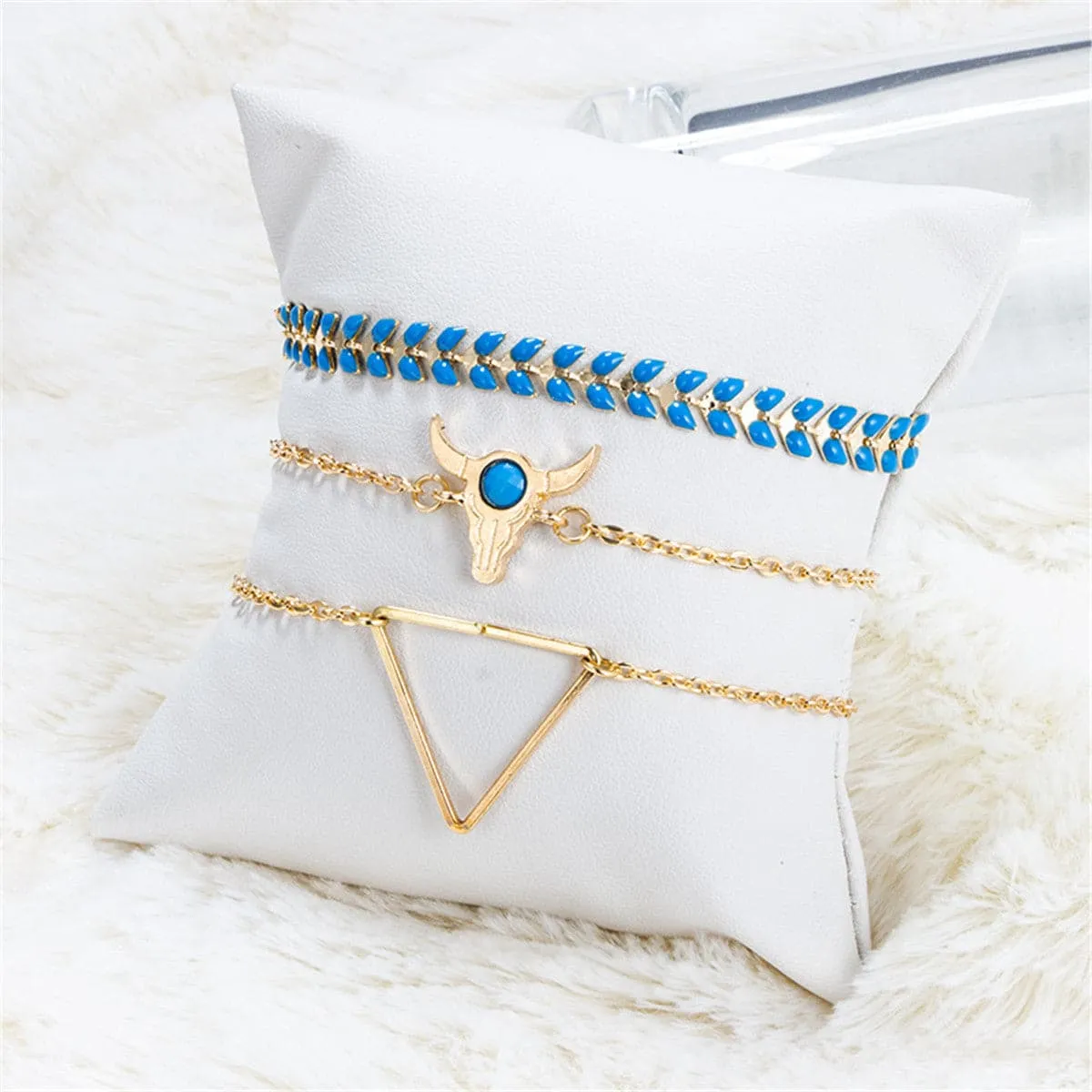 Blue Enamel & 18K Gold-Plated Long Horn Charm Bracelet Set