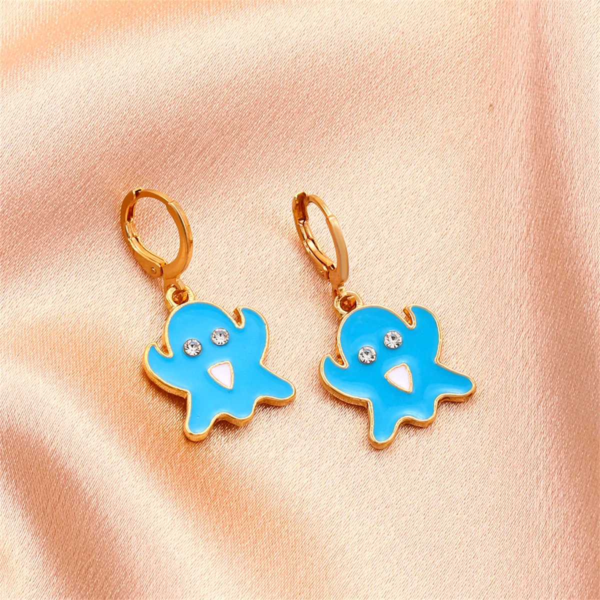 Blue Enamel & Cubic Zirconia 18K Gold-Plated Ghost Huggie Earrings