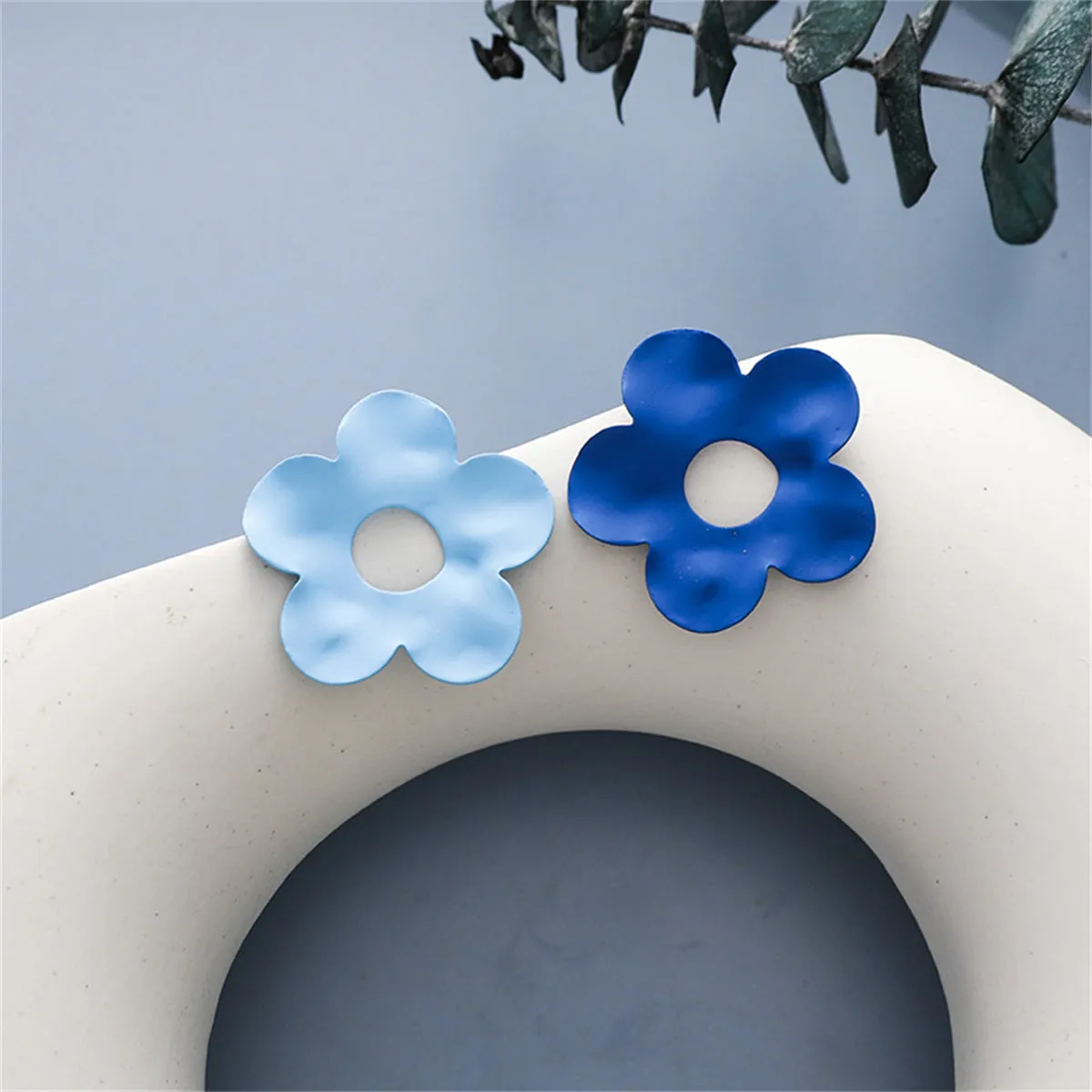 Blue Enamel & Silver-Plated Open Flower Stud Earrings