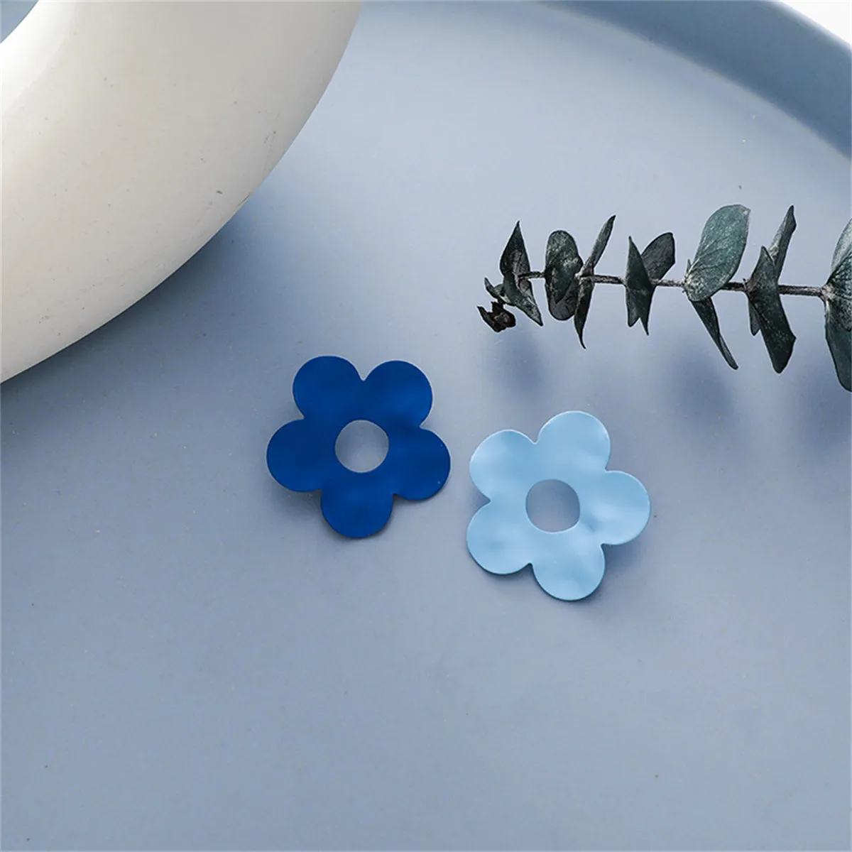 Blue Enamel & Silver-Plated Open Flower Stud Earrings