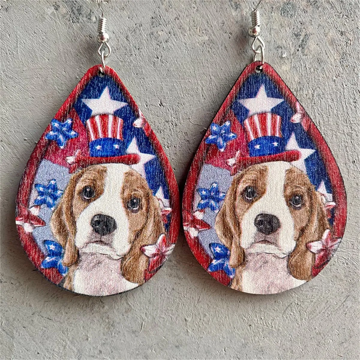 Blue Multicolor Wood & Silver-Plated Dog Drop Earrings