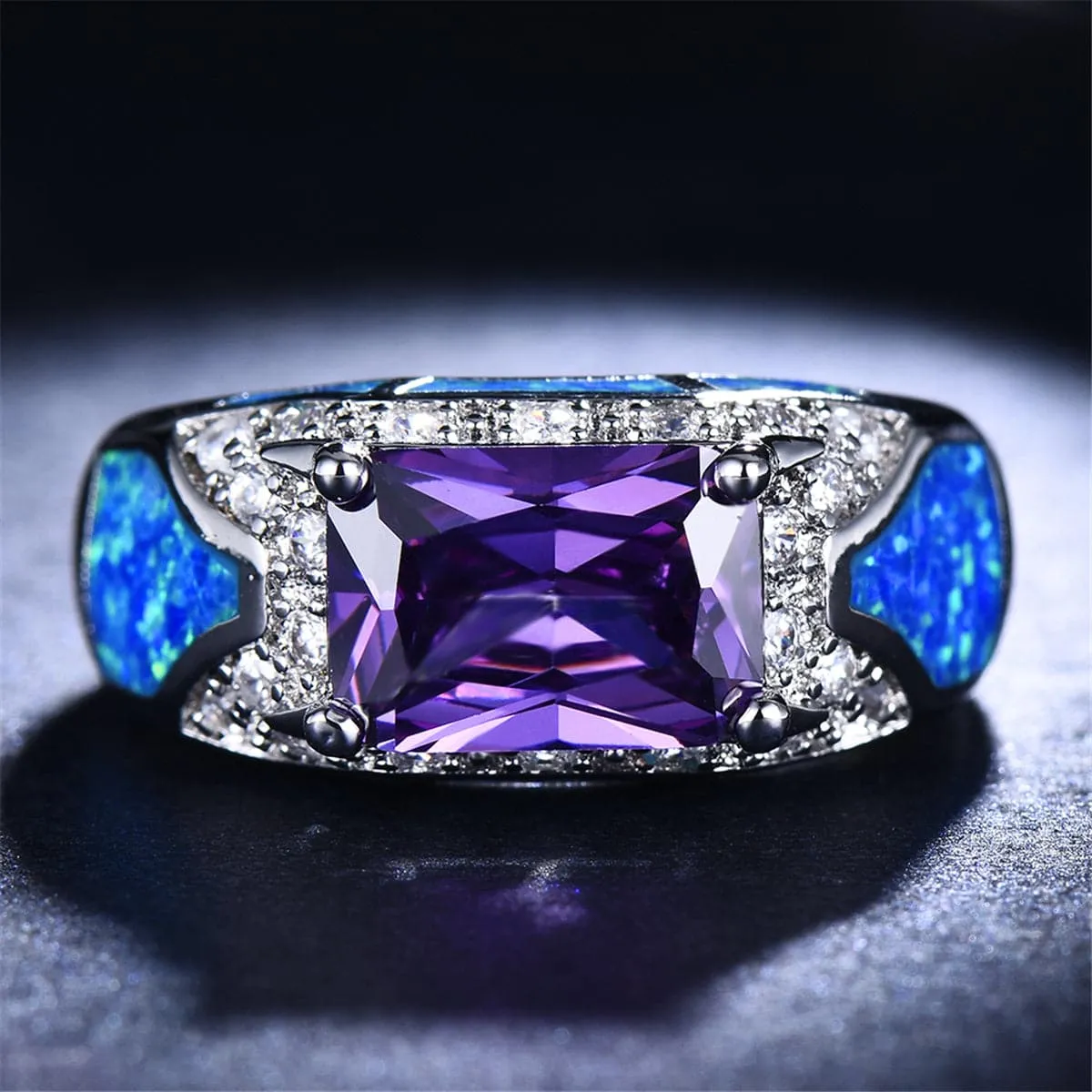 Blue Opal & Purple Crystal Rectangle Ring