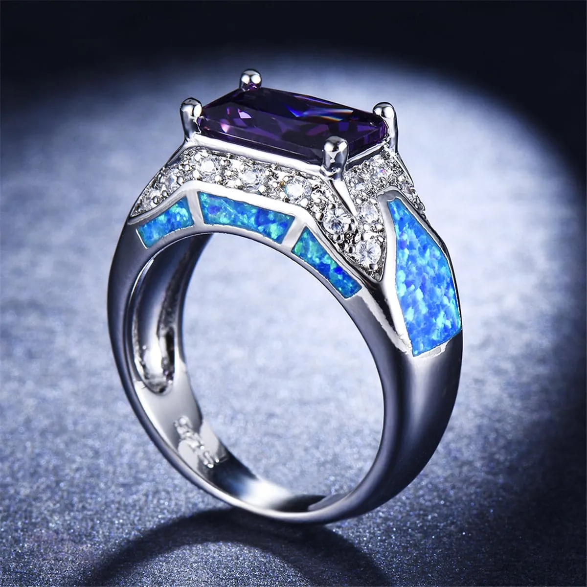 Blue Opal & Purple Crystal Rectangle Ring