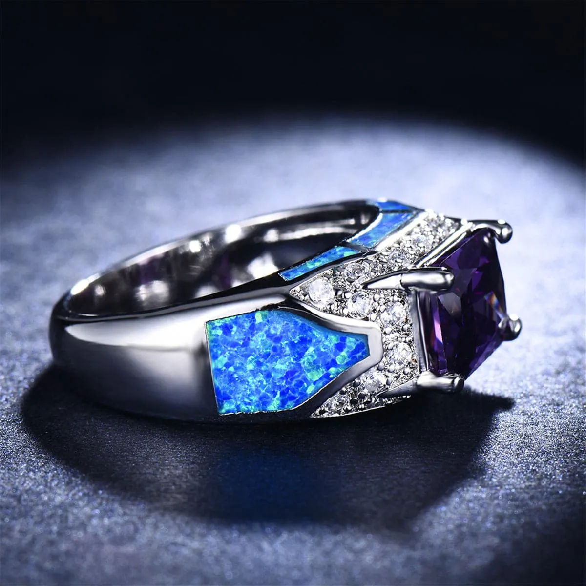 Blue Opal & Purple Crystal Rectangle Ring