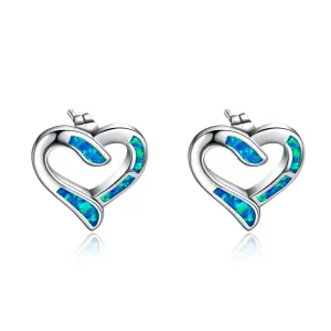 Blue Opal & Silver-Plated Hollow Heart Stud Earrings