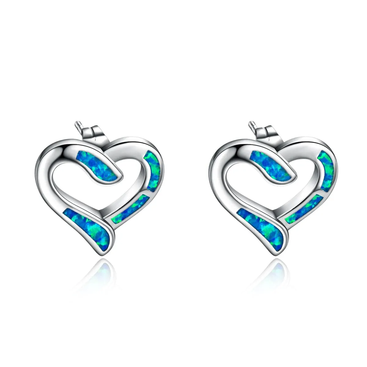 Blue Opal & Silver-Plated Hollow Heart Stud Earrings