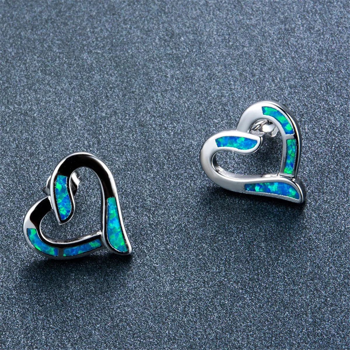 Blue Opal & Silver-Plated Hollow Heart Stud Earrings