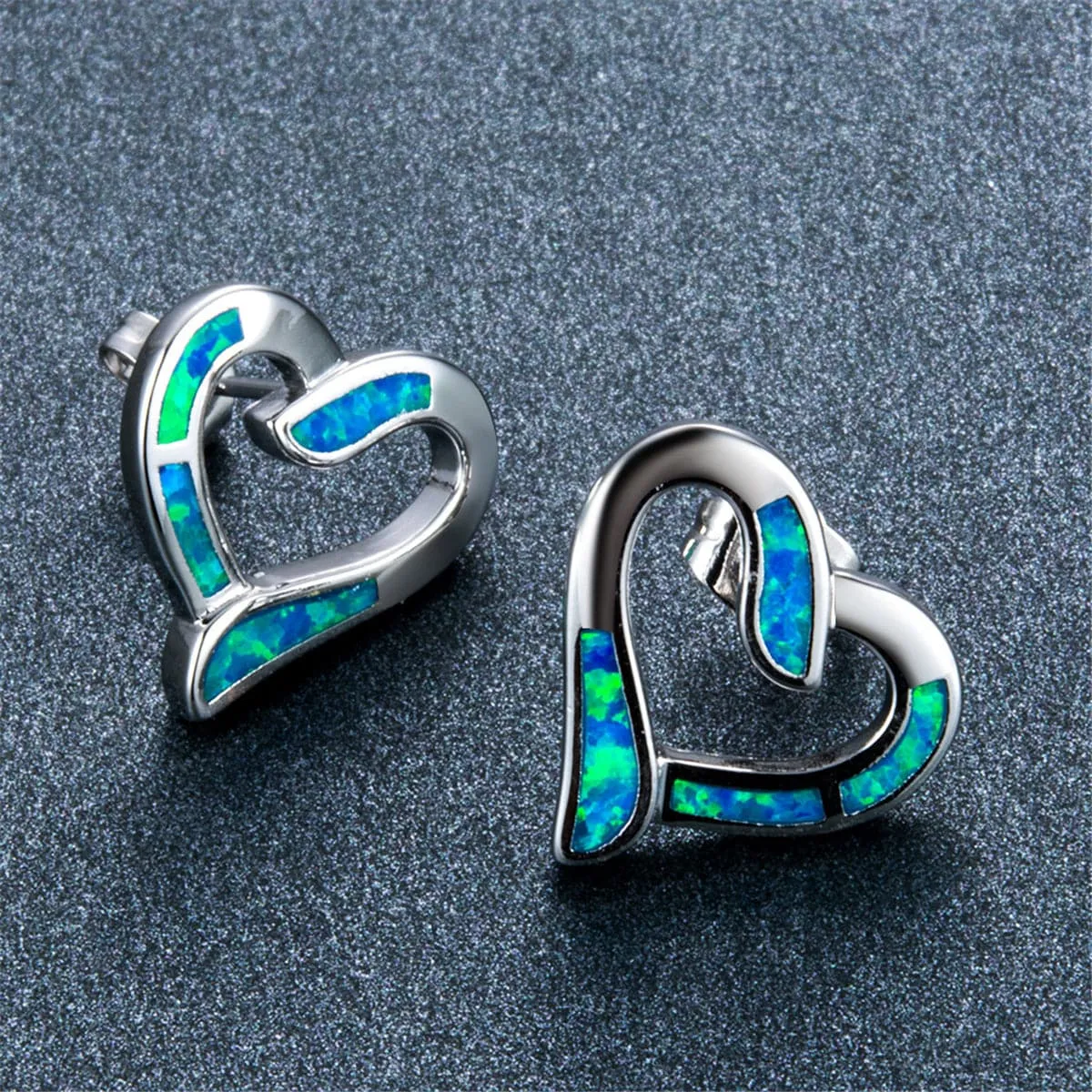 Blue Opal & Silver-Plated Hollow Heart Stud Earrings