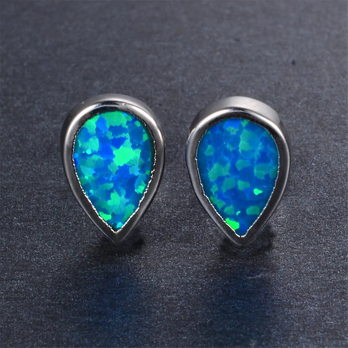 Blue Opal Bezel-Set Pear-Cut Stud Earrings