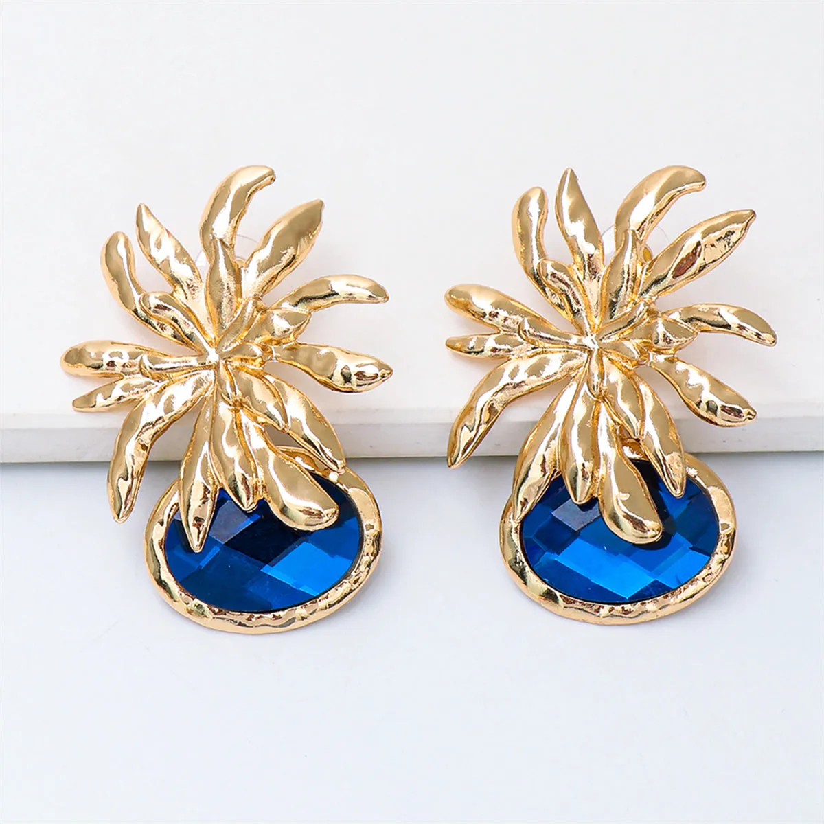 Blue Oval Crystal & 18K Gold-Plated Flower Drop Earrings