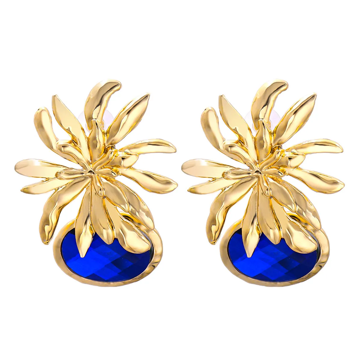 Blue Oval Crystal & 18K Gold-Plated Flower Drop Earrings