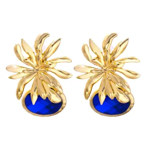 Blue Oval Crystal & 18K Gold-Plated Flower Drop Earrings
