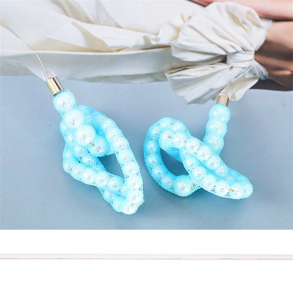 Blue Pearl Knot Stud Earrings