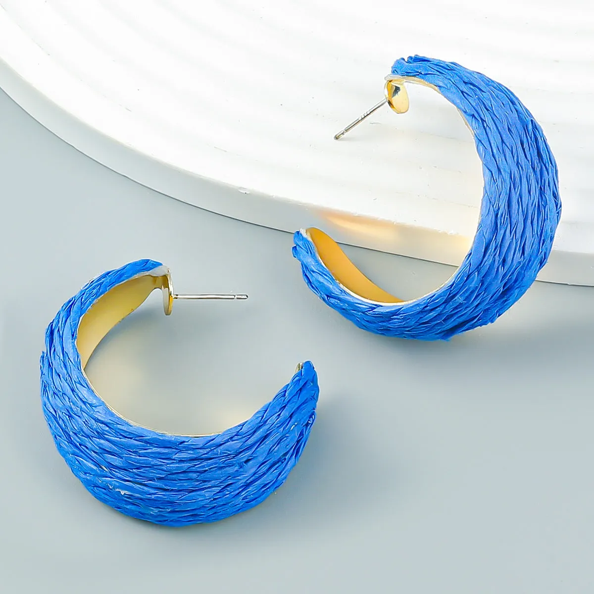 Blue Raffia & 18K Gold-Plated Huggie Earrings