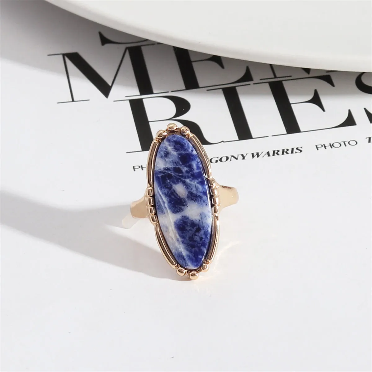 Blue Veinstone & 18K Gold-Plated Oval-Cut Ring