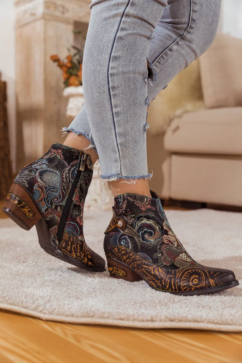 Brown Boho Inspired Abstract Leather Bootie