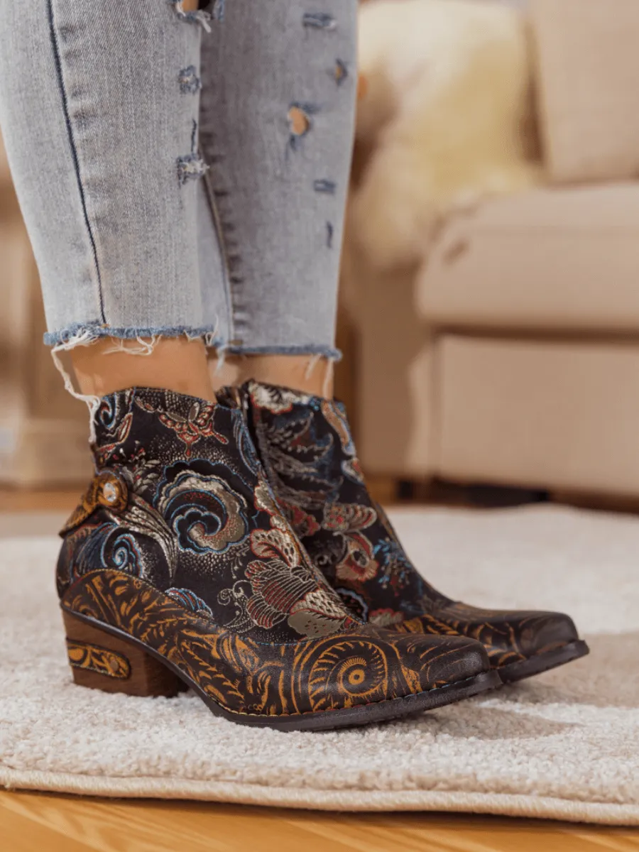 Brown Boho Inspired Abstract Leather Bootie