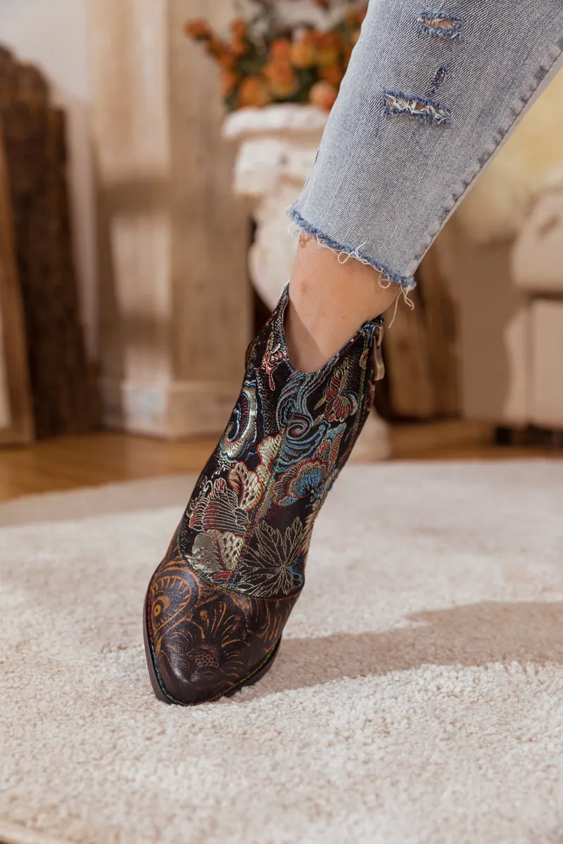 Brown Boho Inspired Abstract Leather Bootie