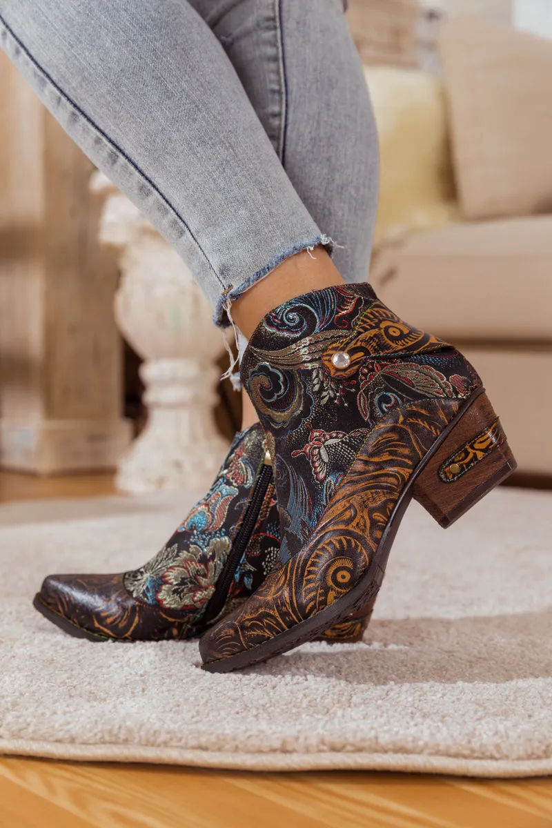 Brown Boho Inspired Abstract Leather Bootie