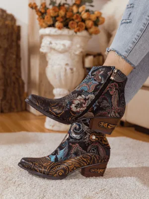 Brown Boho Inspired Abstract Leather Bootie