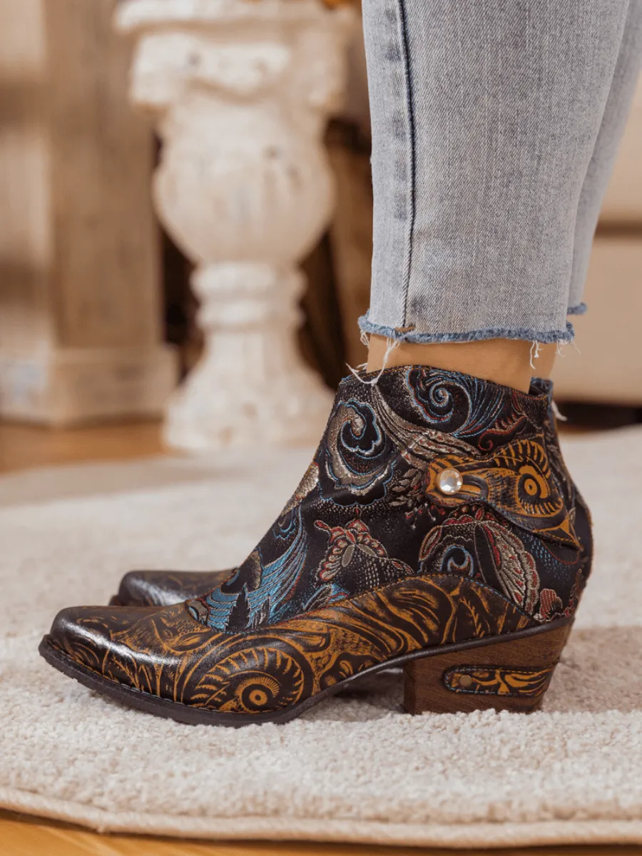 Brown Boho Inspired Abstract Leather Bootie
