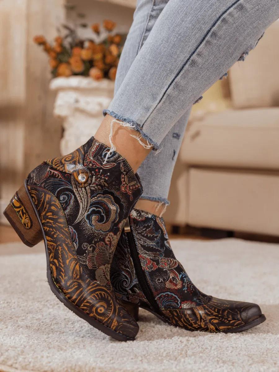 Brown Boho Inspired Abstract Leather Bootie
