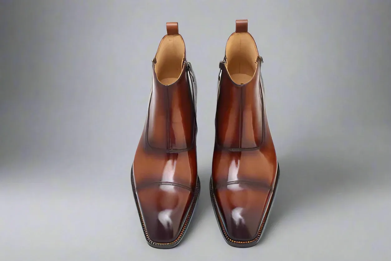 Brown Italian Leather Toe Cap Side-Zip Ankle Boots - Chelsea Boots